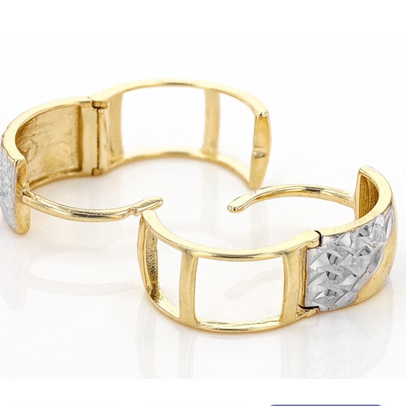 10K SOLID Yellow Gold Two-Tone Diamond-Cut Huggie Earrings Hoops Hoops 10kt - Picture 6 of 7